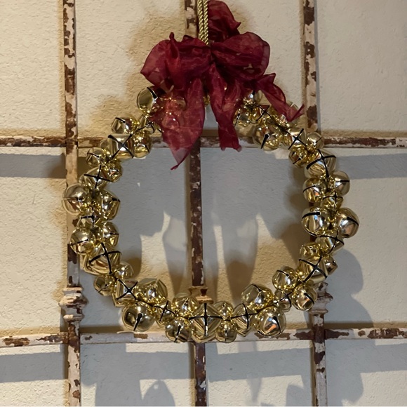 Pottery Barn gold jingle bell wreath with burgundy ribbon 12” - Picture 2 of 7